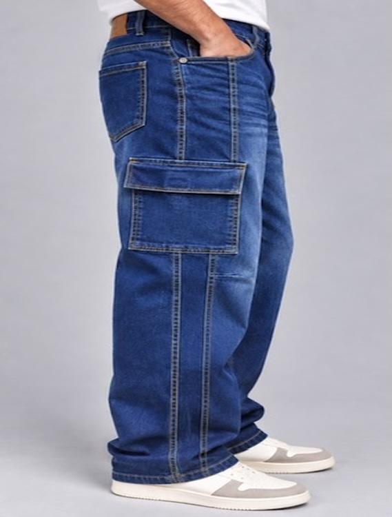 ODCC Men's Dark Blue Shaded Washed Denim Cargo Jeans with Side Flap Pockets – J1785 - 3