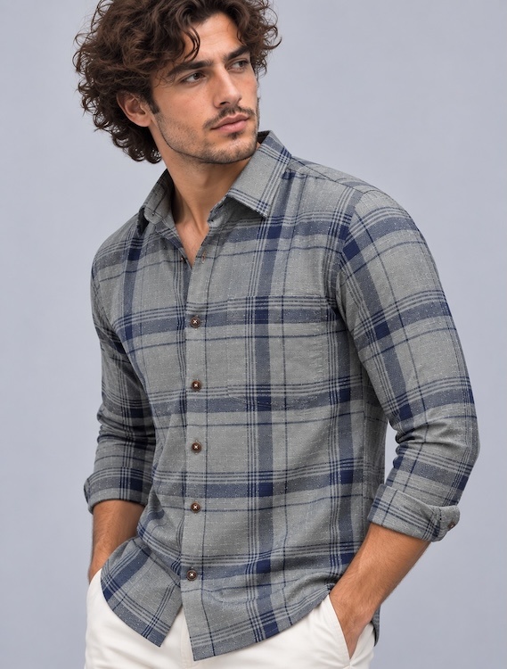 ODCC Men's Grey & Navy Blue Checkered Full Sleeve Cotton Twill St with Chest Pocket YM0808 - 2