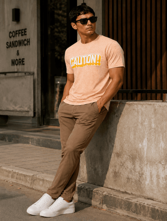 ODCC CAUTION! Printed Crew Neck Cotton Melange T-Shirt for Men – Peach Melange - 6