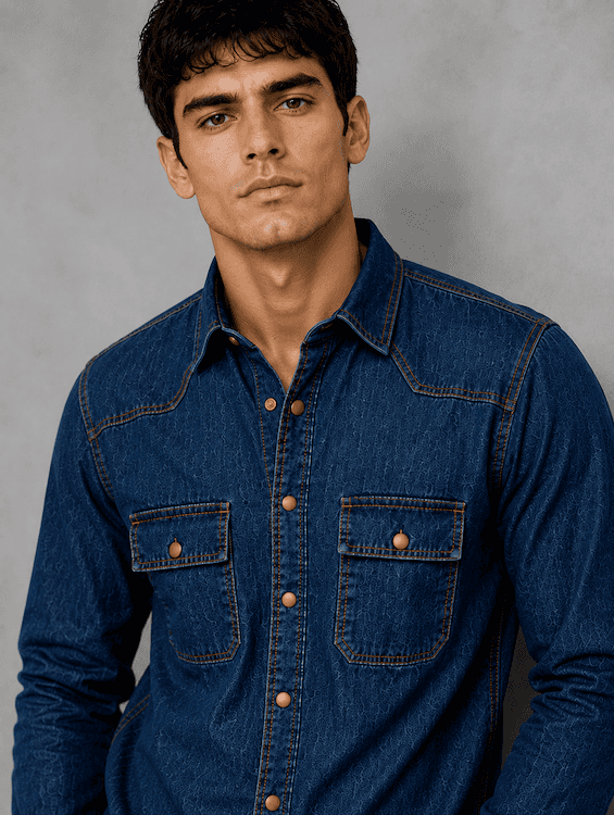 ODCC Men's Dark Blue Khaki Tint Faded Washed Denim Shirt with Matte Brass Press Buttons RN0060 - 6