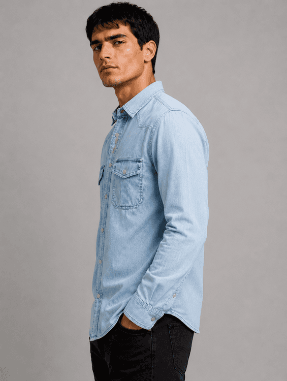 ODCC Men's Lite Blue Faded Washed Denim Shirt with Matte Silver Press Buttons RN0059 - 3