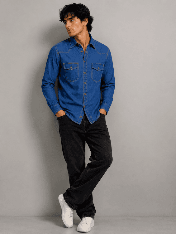 ODCC Men's Mid Blue Vintage Washed Denim Shirt with Brown Stitched Buttons RN0058 - 4