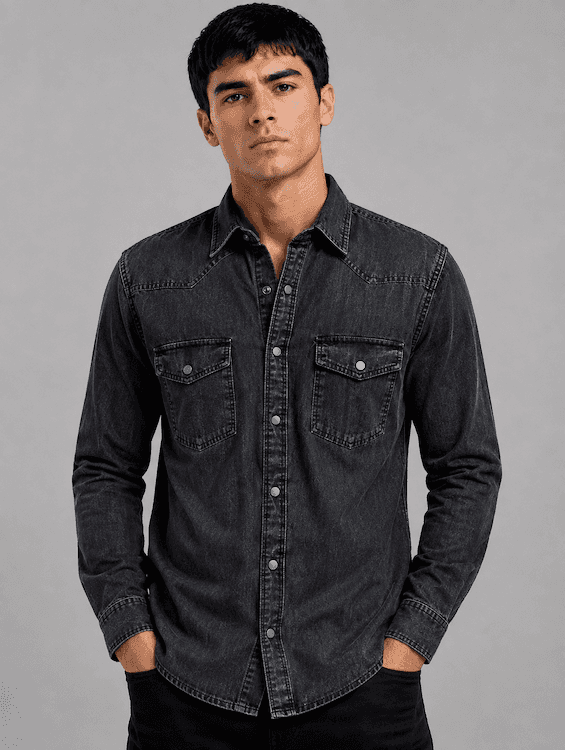 ODCC Men's Black Denim Shirt with Matte Graphite Press Buttons RN0051