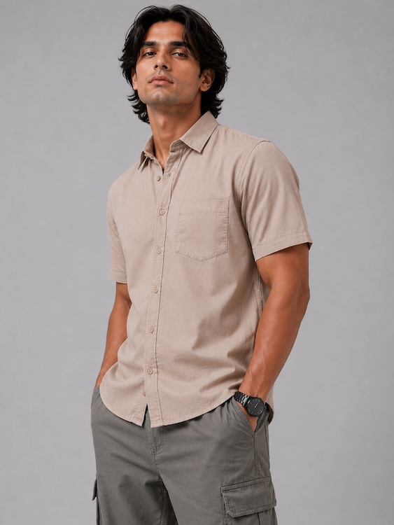 Men's Beige Cotton Linen Blend Half Sleeve Casual Shirt - 6