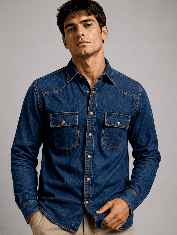 ODCC Men's Dark Blue Khaki Tint Faded Washed Denim Shirt with Matte Brass Press Buttons RN0060
