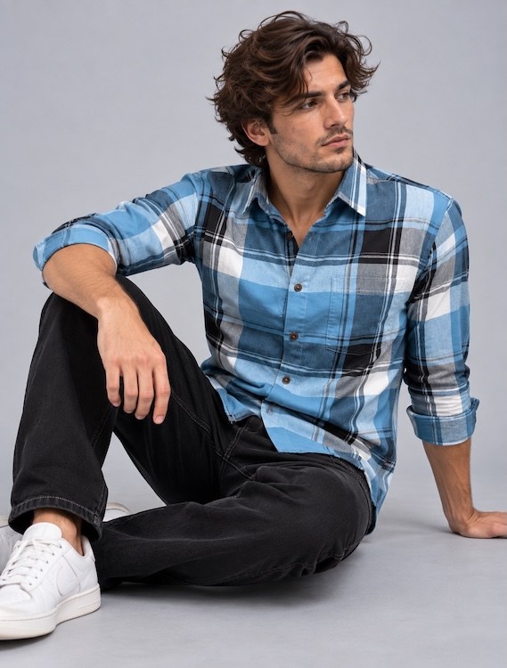 ODCC Men's Light Blue & Navy Blue Checkered Full Sleeve Cotton Tt with Chest Pocket YM0806 - 4