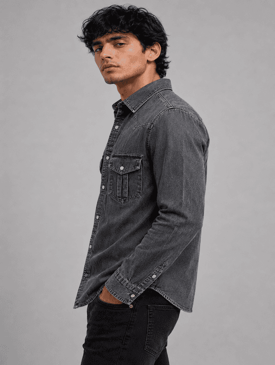 Men's Mid Black Denim Shirt | ODCC RN0052 - 3
