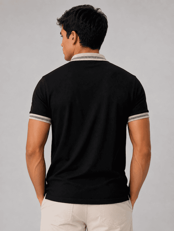 ODCC Men's Black Textured Polo T-Shirt with Contrast Collar & Pocket Detail | T02562 - 6