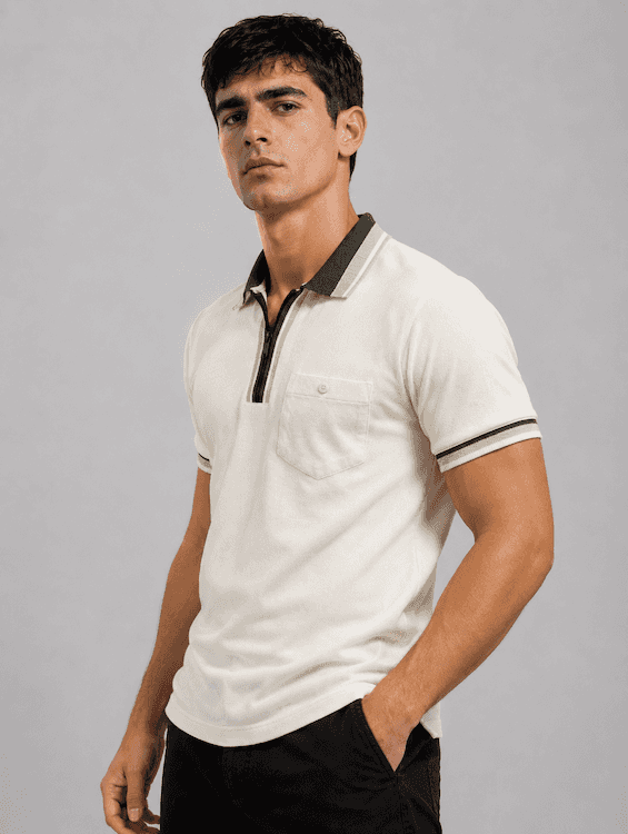 ODODCC Men's Off-White Polo T-Shirt with Olive Green Contrast Collar & Black Zip – T02559 - 2