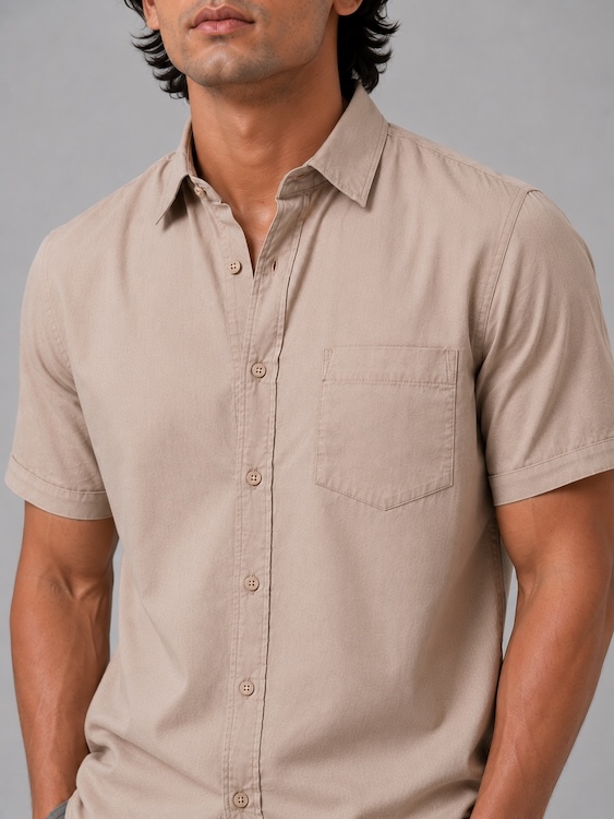 Men's Beige Cotton Linen Blend Half Sleeve Casual Shirt - 5