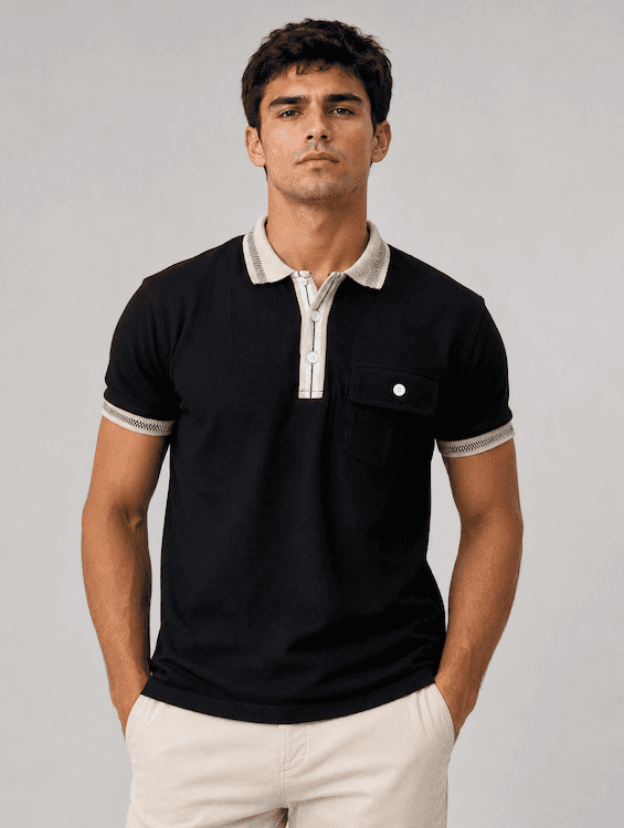 ODCC Men's Black Textured Polo T-Shirt with Contrast Collar & Pocket Detail | T02562