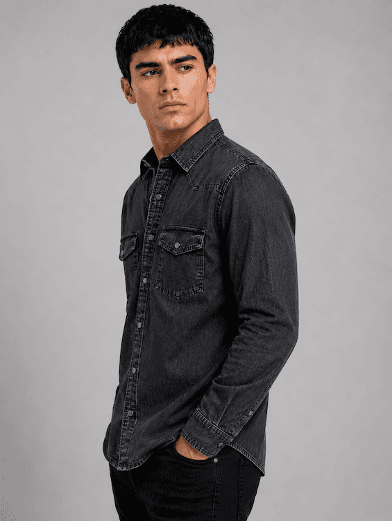 ODCC Men's Black Denim Shirt with Matte Graphite Press Buttons RN0051 - 4