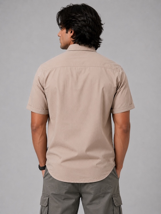 Men's Beige Cotton Linen Blend Half Sleeve Casual Shirt - 4
