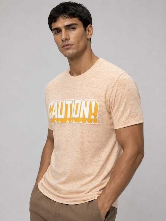 ODCC CAUTION! Printed Crew Neck Cotton Melange T-Shirt for Men – Peach Melange - 2