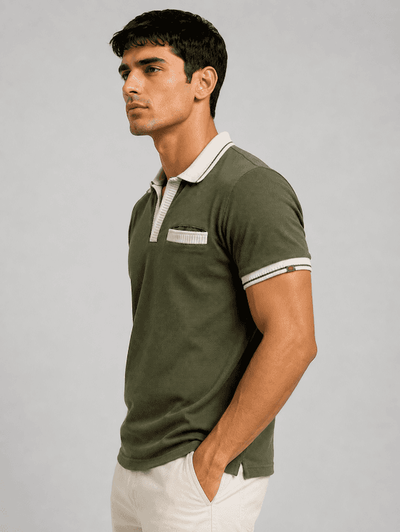 OODCC Men's Olive Green Textured Polo T-Shirt with Contrast Collar & Pocket T02561 - 2