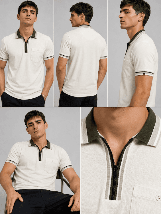 ODODCC Men's Off-White Polo T-Shirt with Olive Green Contrast Collar & Black Zip – T02559 - 6