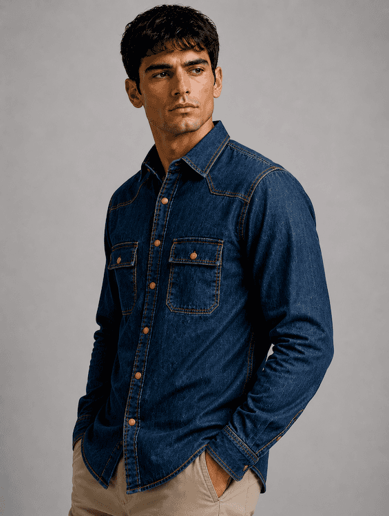 ODCC Men's Dark Blue Khaki Tint Faded Washed Denim Shirt with Matte Brass Press Buttons RN0060 - 3