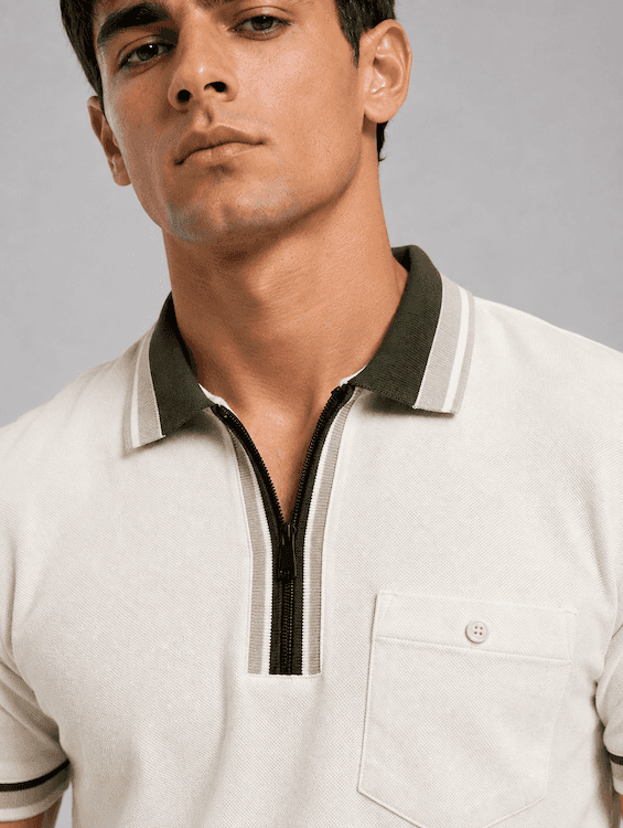 ODODCC Men's Off-White Polo T-Shirt with Olive Green Contrast Collar & Black Zip – T02559 - 4