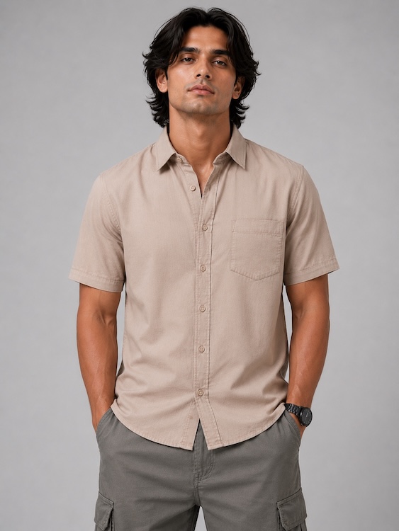 Men's Beige Cotton Linen Blend Half Sleeve Casual Shirt