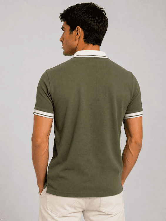 OODCC Men's Olive Green Textured Polo T-Shirt with Contrast Collar & Pocket T02561 - 4