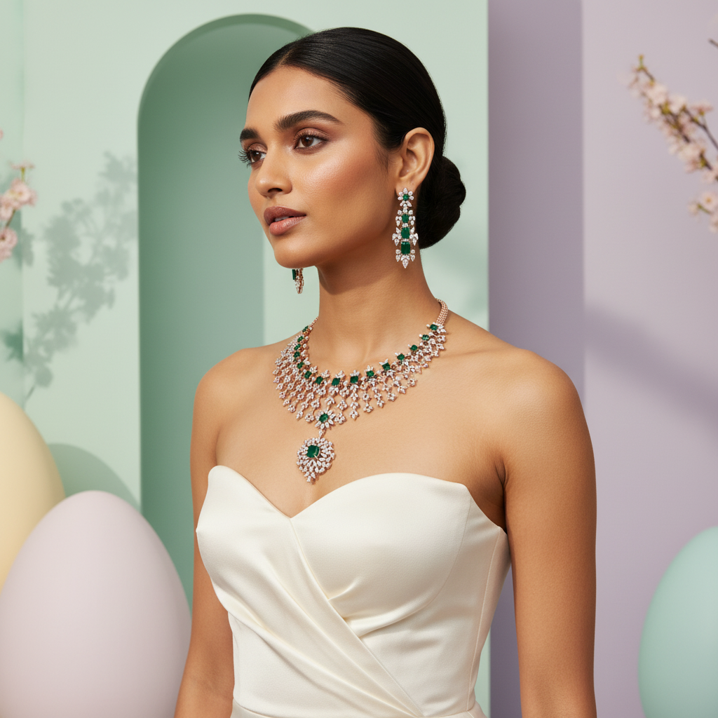 Glittering Diamond Wedding Necklace Set - 4