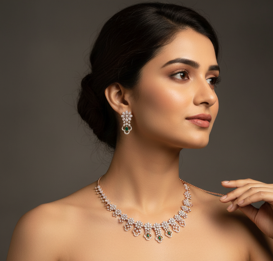 Lavish Diamond Necklace with Polished Earrings - 3