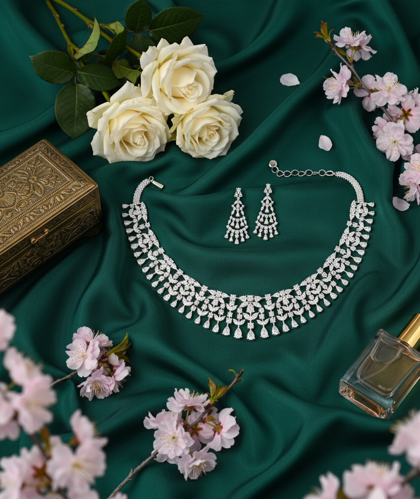 Refined Spark Diamond Necklace with Matching Earrings