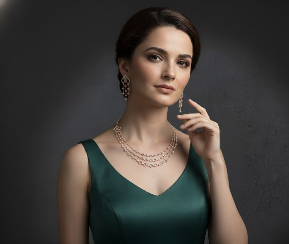 Linked Squares Triple-Layer Diamond Necklace Set - 3