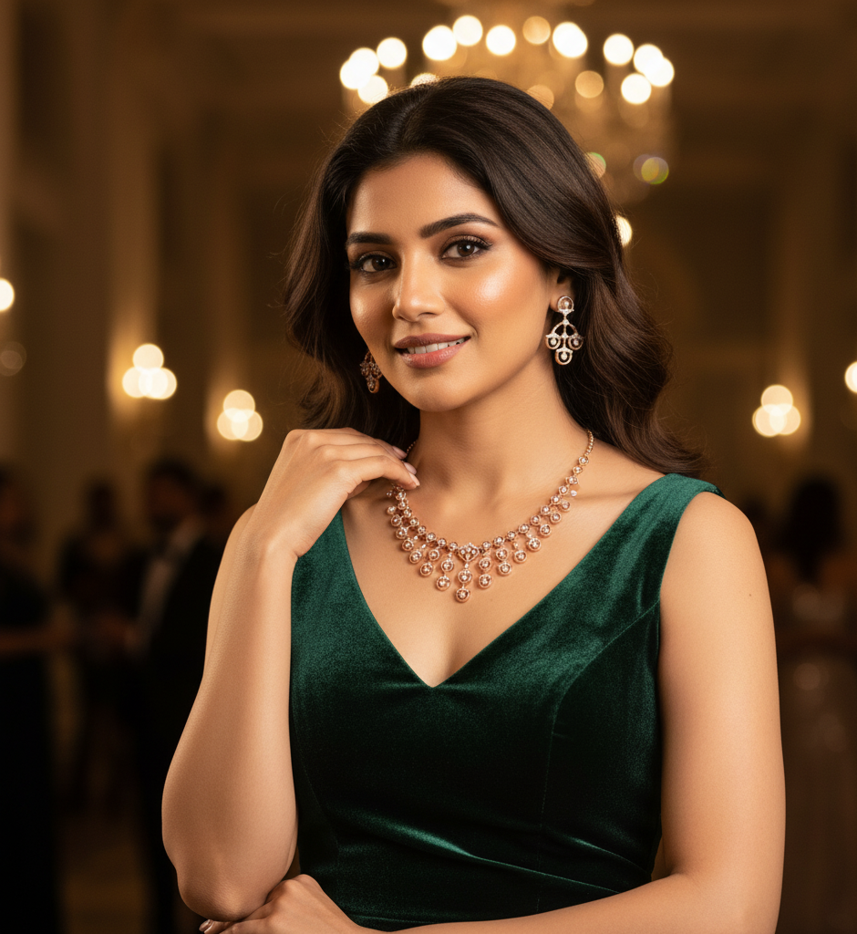 Grace Crystal Diamond Necklace with Crafted Earrings - 3