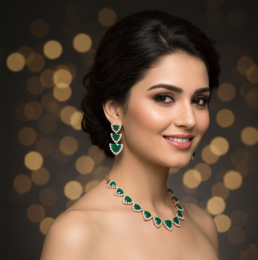 Trillion-Cut Emerald Halo Necklace Set - 3