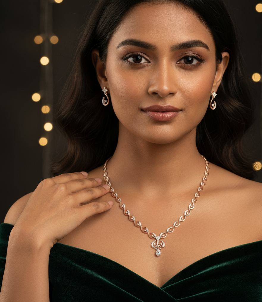Diamond Beam Necklace with Sleek Earrings - 3