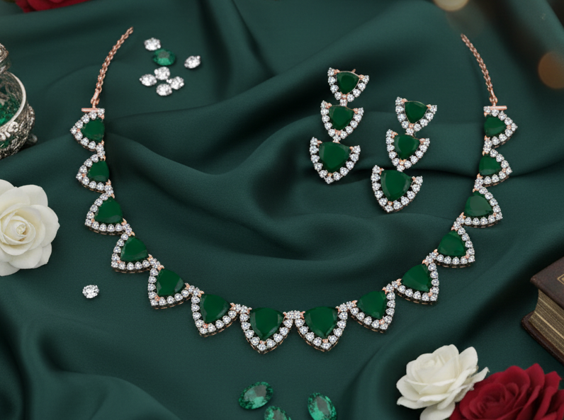 Trillion-Cut Emerald Halo Necklace Set