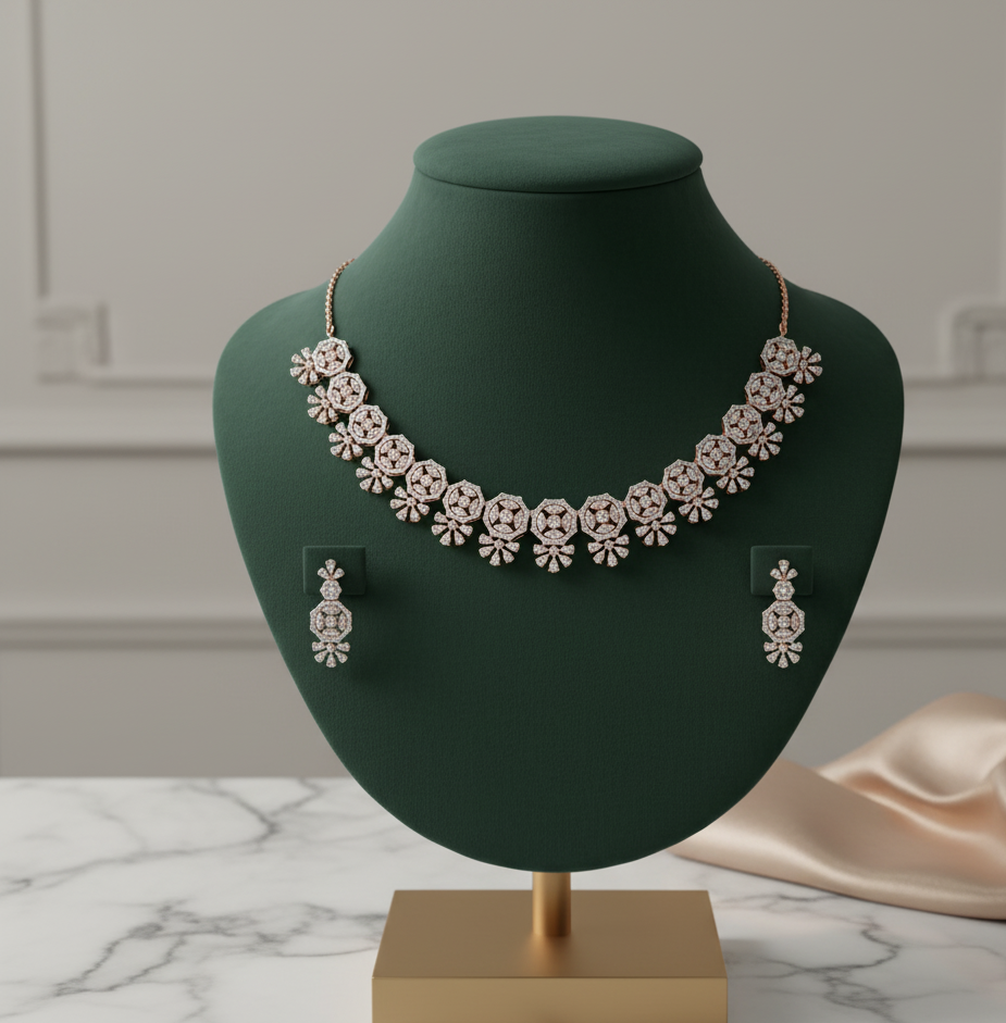 Spark Craft Diamond Necklace with Fine Earrings