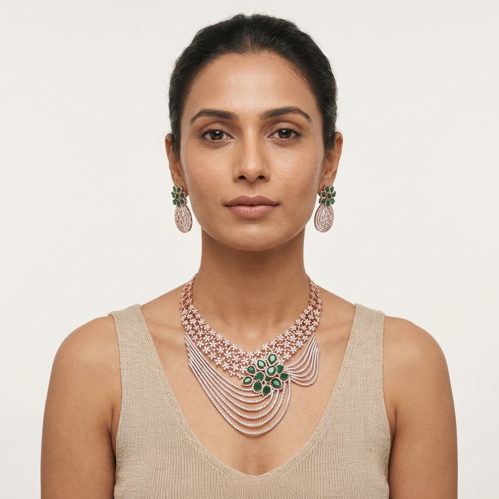 Handcrafted Diamond Bridal Necklace Set - 3