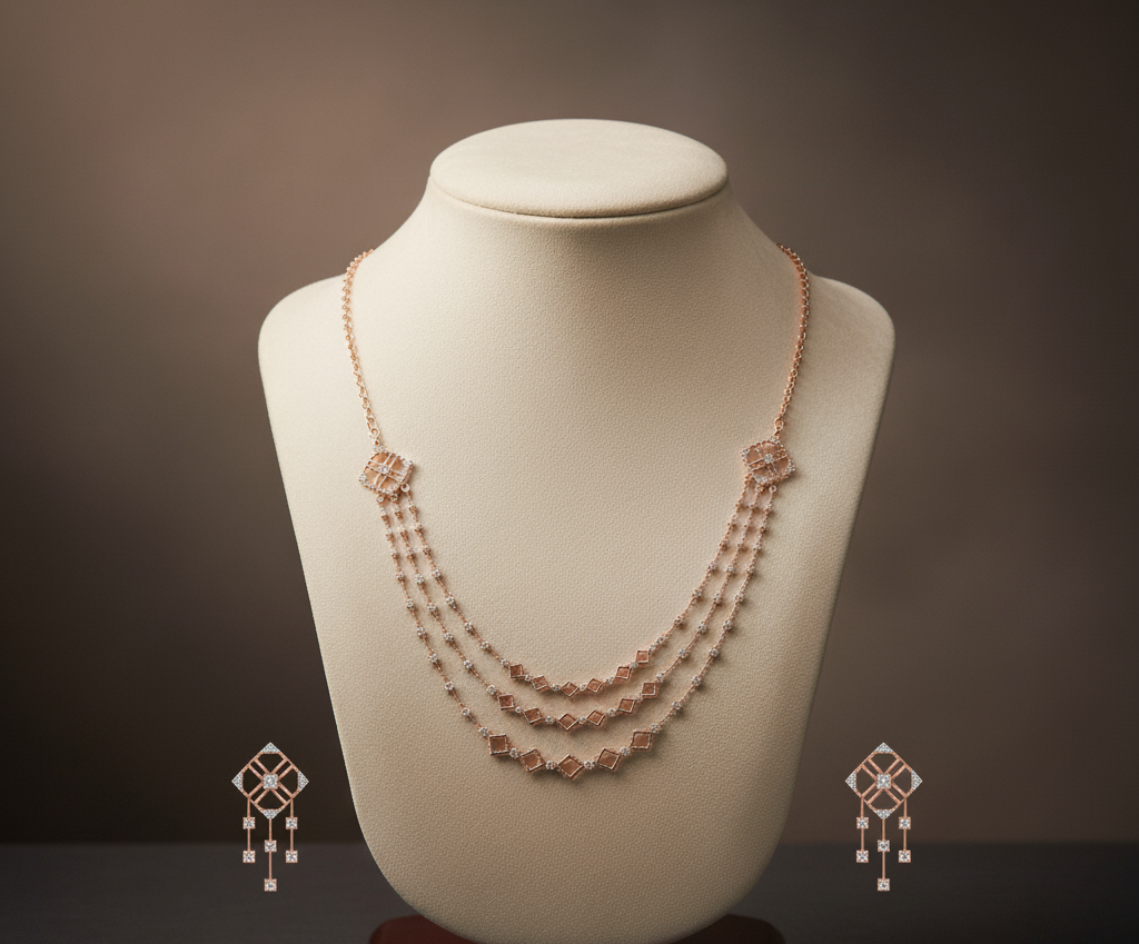 Linked Squares Triple-Layer Diamond Necklace Set