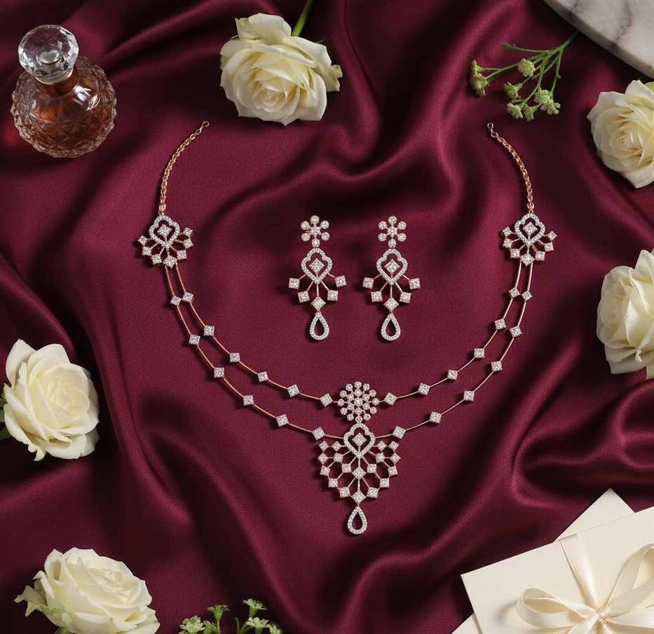 Fashion Crystal Diamond Necklace with Polished Earrings - 3