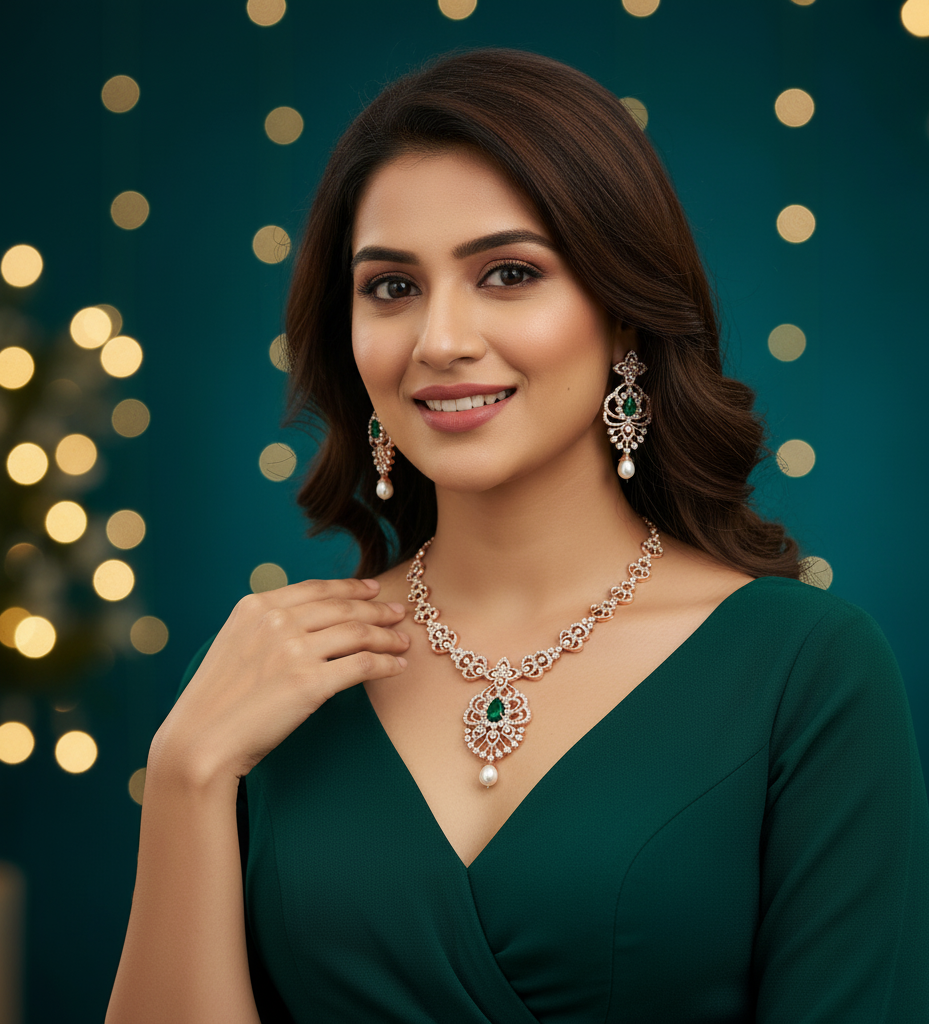 Diamond Grace Necklace with Designer Earrings - 3