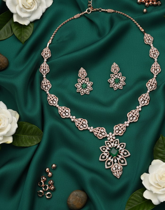 Crystal Shine Diamond Necklace with Gleaming Earrings