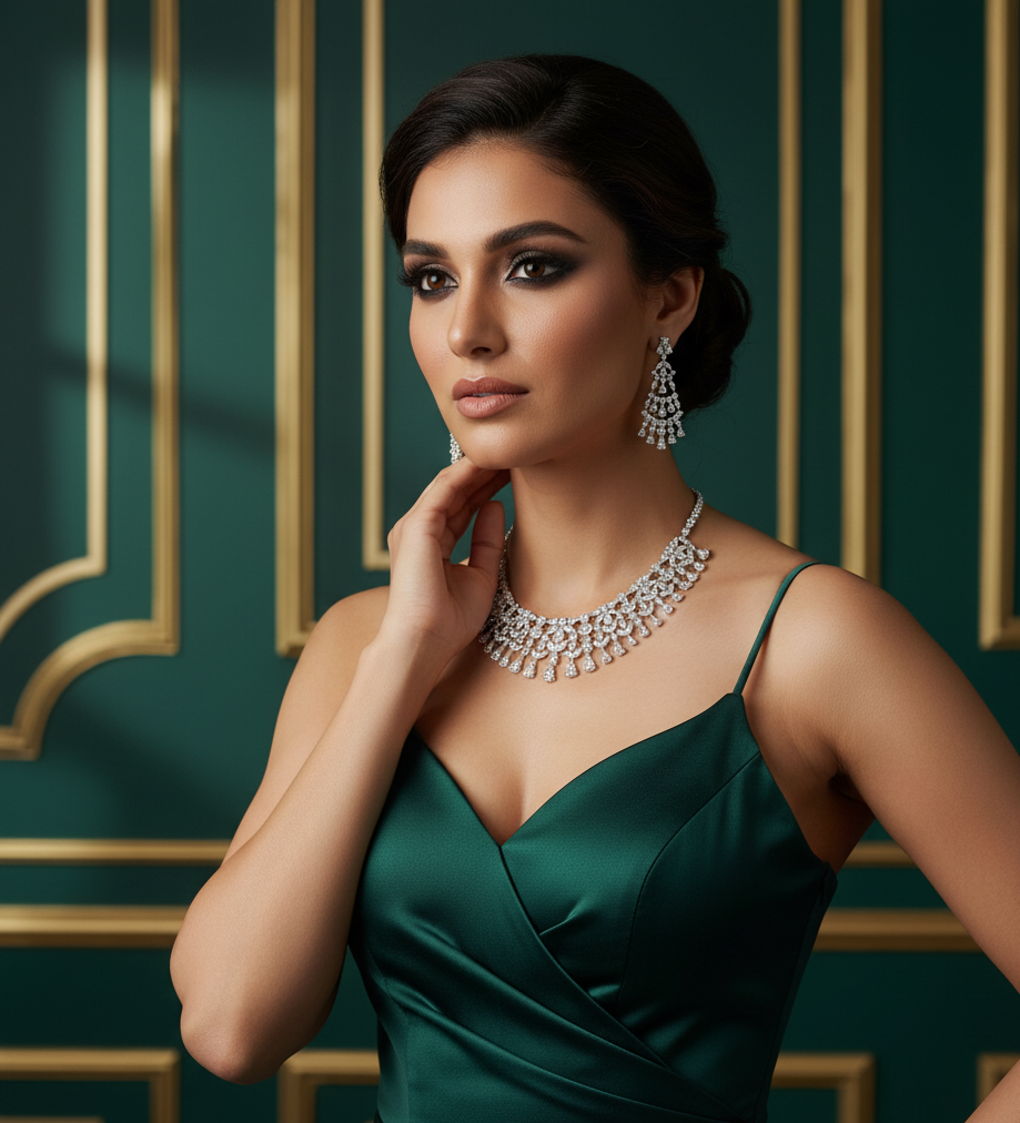 Refined Spark Diamond Necklace with Matching Earrings