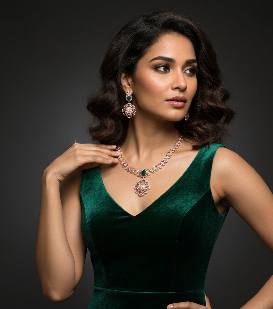 Classy Glow Diamond Necklace with Fashion Earrings