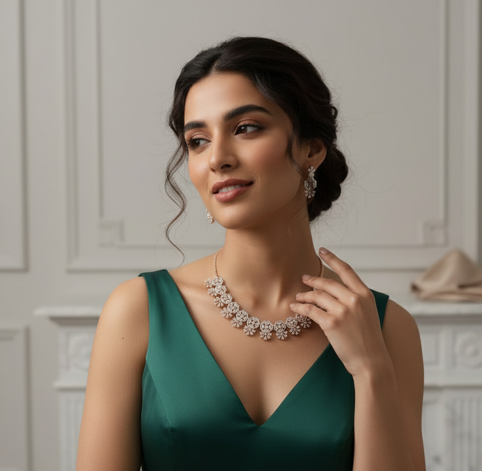 Spark Craft Diamond Necklace with Fine Earrings