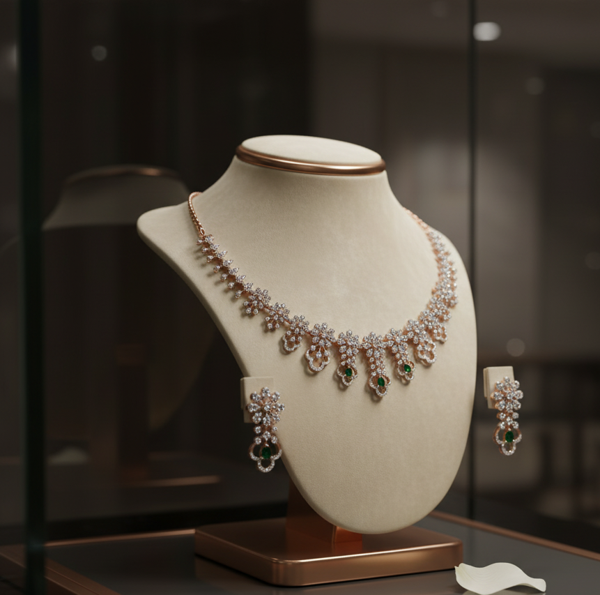 Lavish Diamond Necklace with Polished Earrings