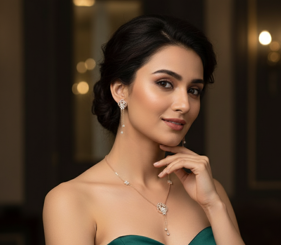 Eternal Glow Diamond Necklace with Crafted Earrings