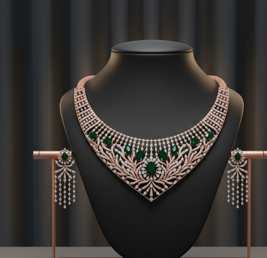 Modern Bridal Diamond Necklace with Spark Earrings