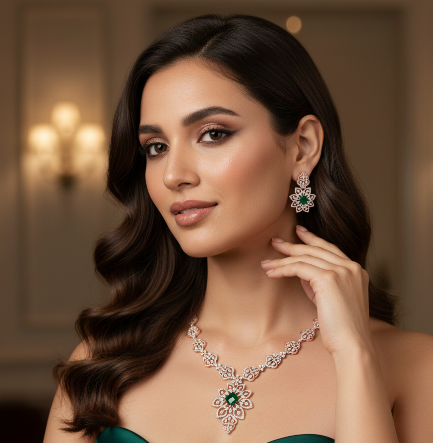 Crystal Shine Diamond Necklace with Gleaming Earrings - 3