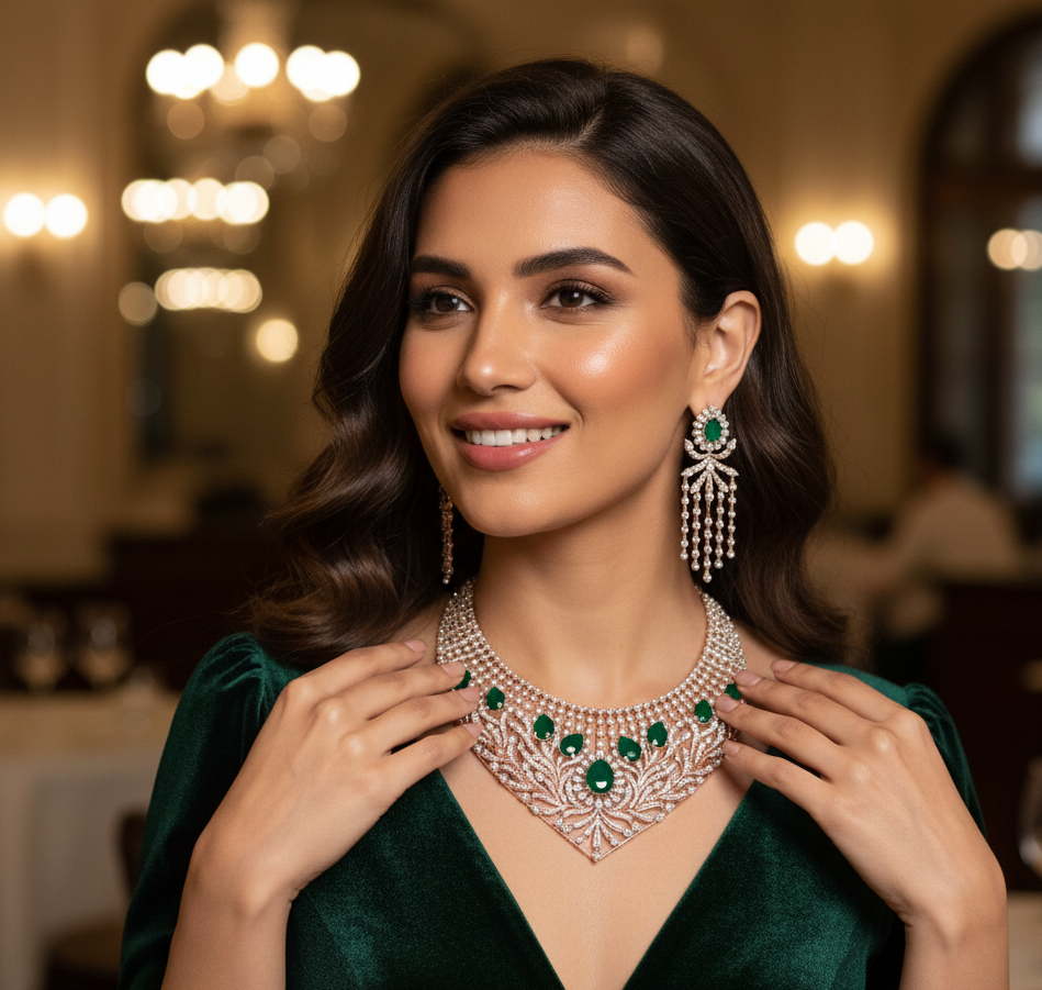Modern Bridal Diamond Necklace with Spark Earrings - 3