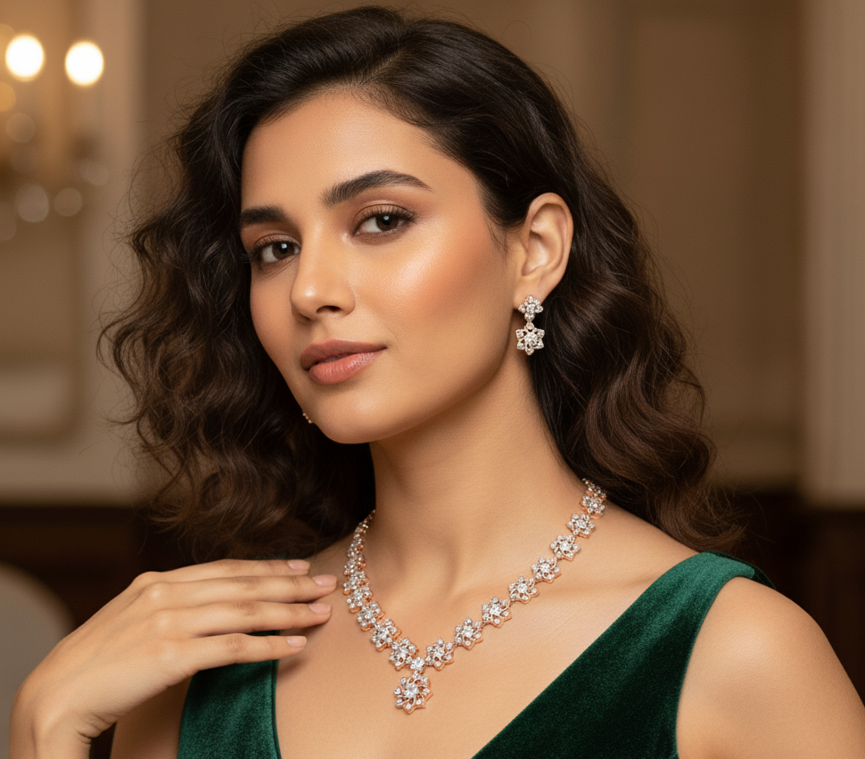 Shining Jewel Diamond Necklace with Crafted Earrings