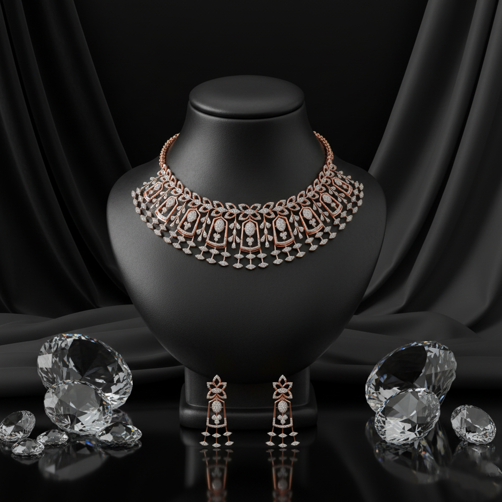 Diamond Halo Necklace with Crafted Earrings