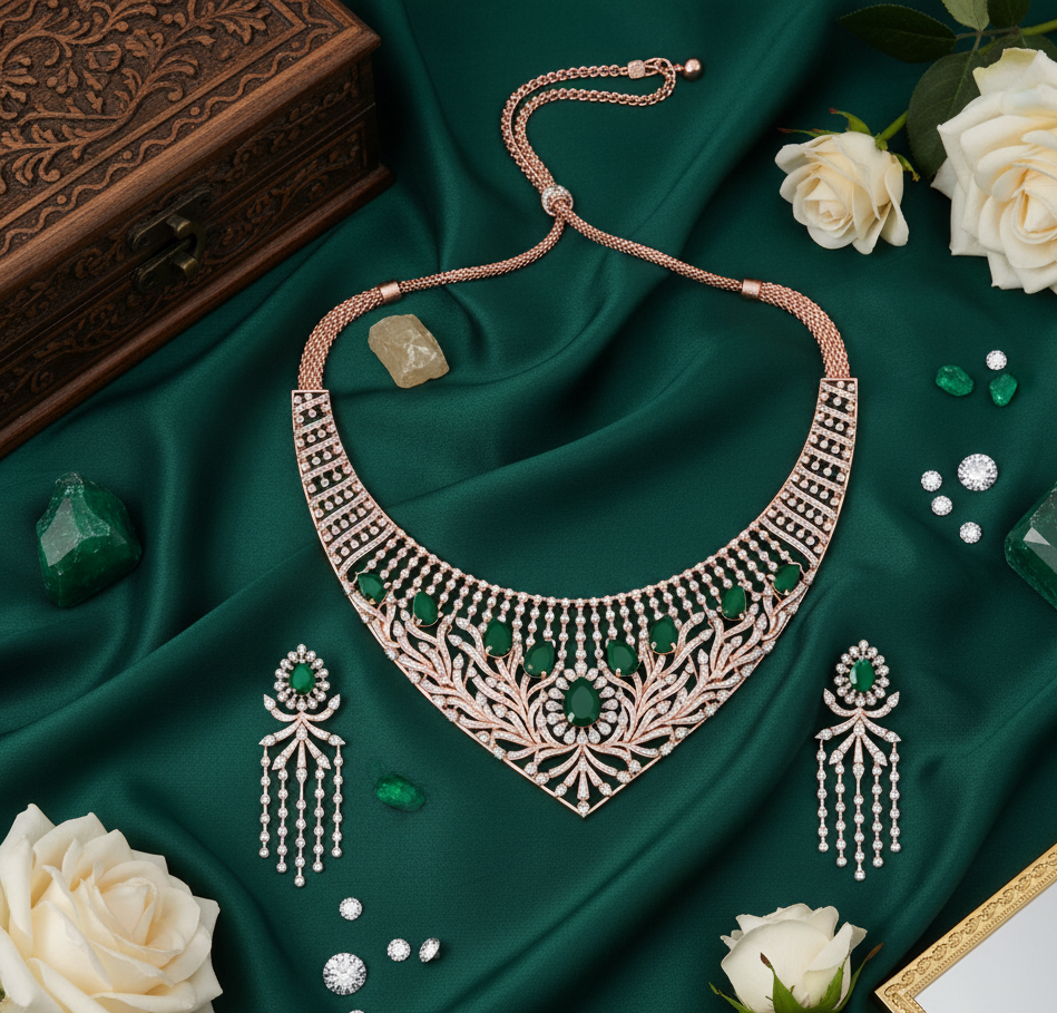 Modern Bridal Diamond Necklace with Spark Earrings
