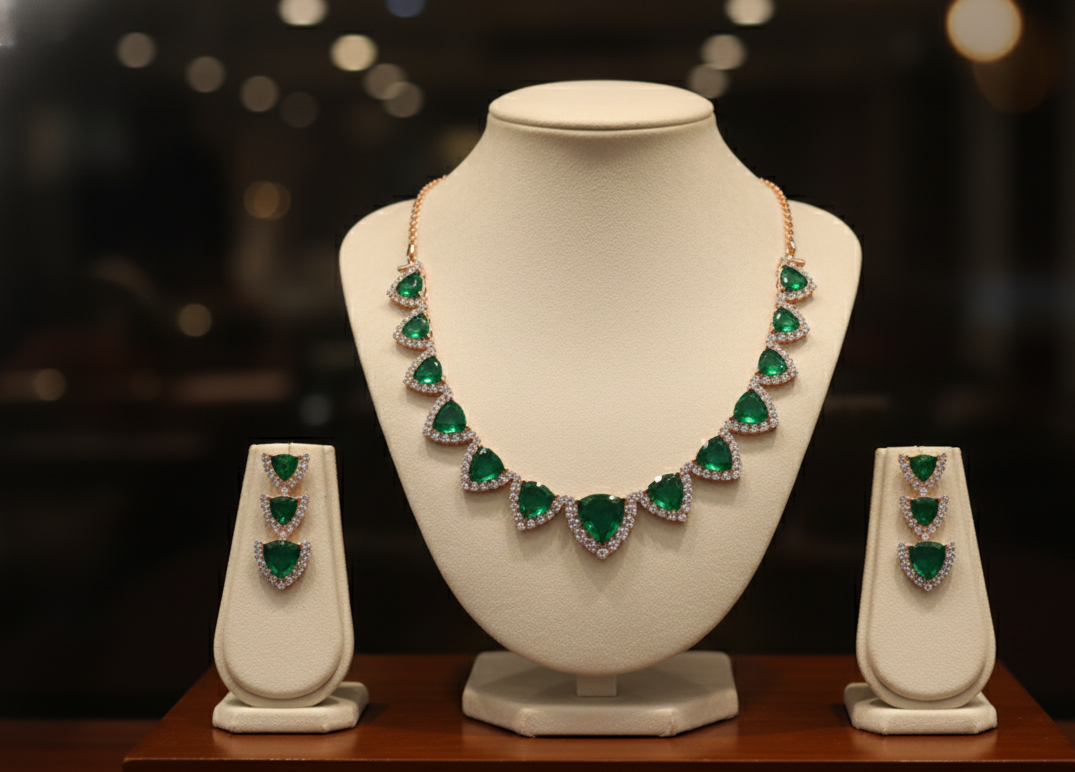 Trillion-Cut Emerald Halo Necklace Set